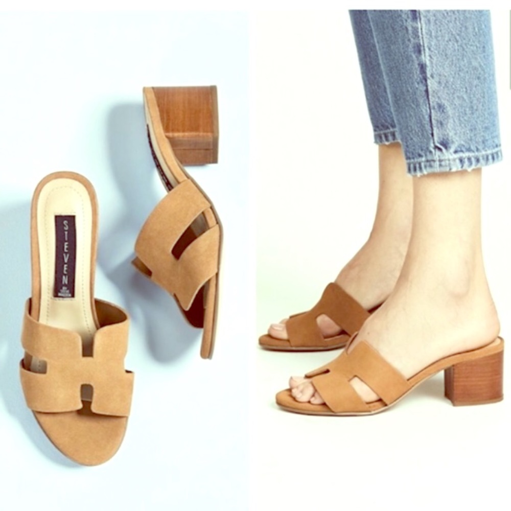 Steve Madden Foreva Block Heel Slides Sandals Mules size 9 Tan